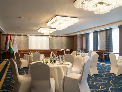 Meeting room with projector screen set for a conference